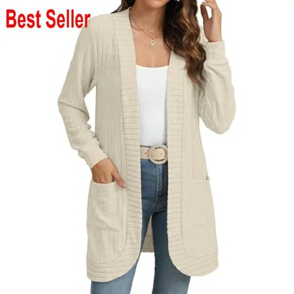 Long Sleeve Open Front Cardigan Lightweight Loose Knit Casual Chic Oversized - Picture 3 of 7